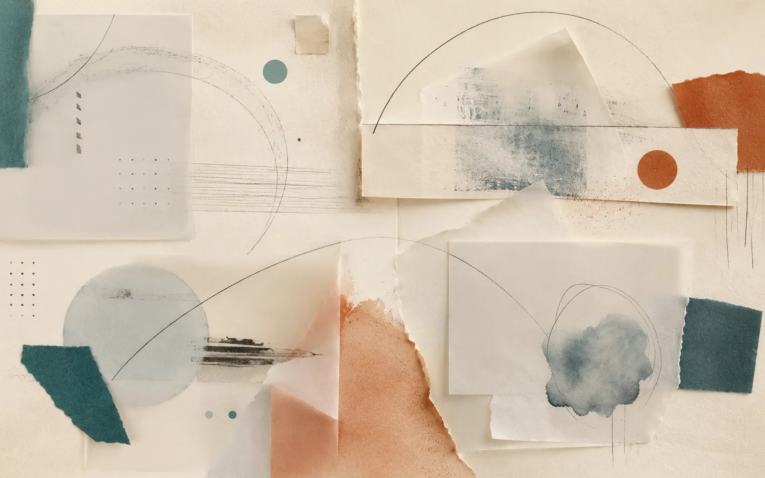 Collage giấy ngà gồm bốn vùng trừu tượng kết nối bằng các đường graphite.