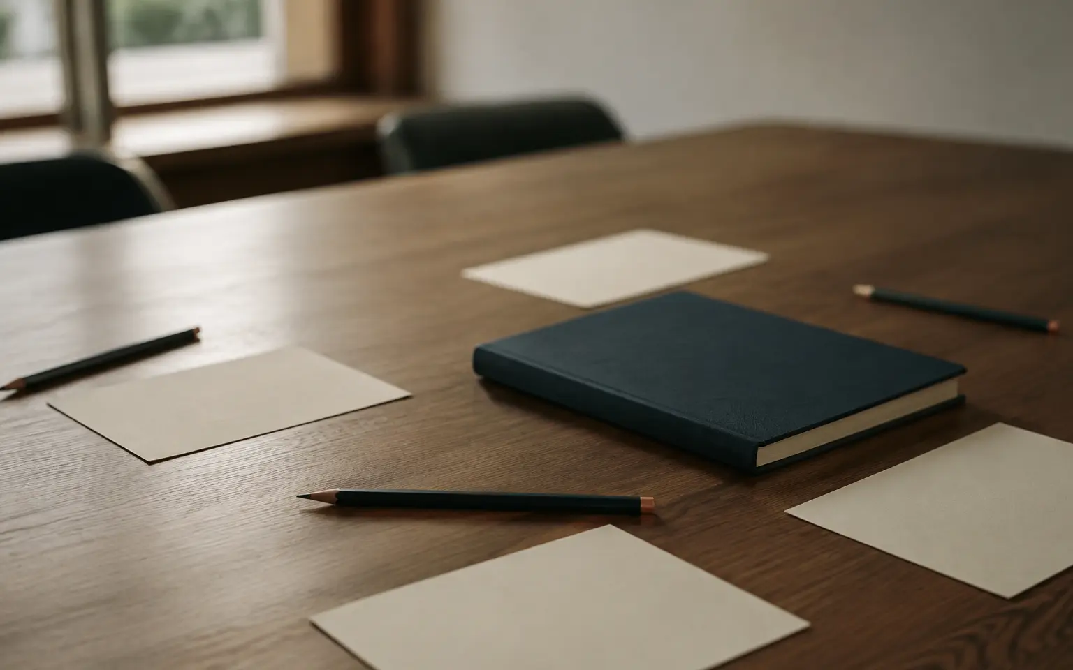 Bàn seminar trống với giấy ghi chú trắng, bút chì và một cuốn sổ xanh không nhãn.